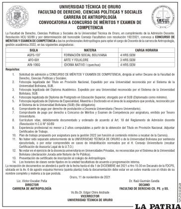 CONCURSO DE MÉRITOS Y EXAMEN DE COMPETENCIA - CARRERA DE ANTROPOLOGÍA