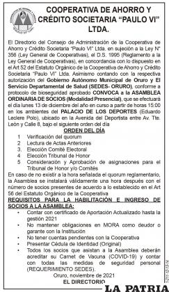 Orden del Día - COOPERATIVA DE AHORRO Y CRÉDITO SOCIETARIA “PAULO VI” LTDA.