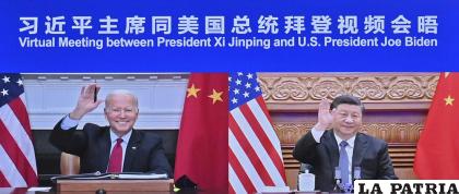 El presidente chino Xi Jinping y el mandatario estadounidense Joe Biden durante una reunión virtual /Yue Yuewei /Xinhua vía AP