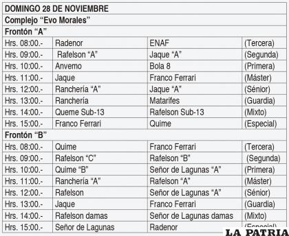 Programación del Torneo oficial de pelota raqueta