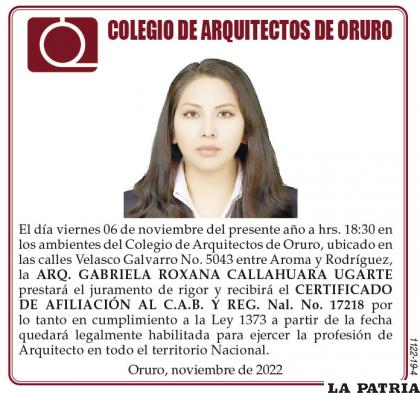 ARQ. GABRIELA ROXANA CALLAHUARA UGARTE