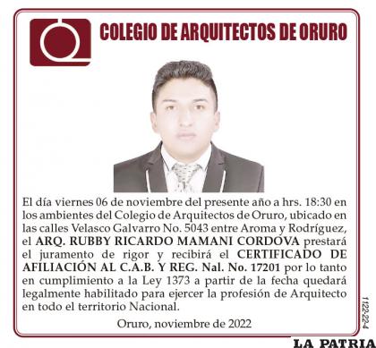 ARQ. RUBBY RICARDO MAMANI CORDOVA
