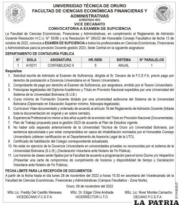 CONVOCATORIA A EXAMEN DE SUFICIENCIA CONTABILIDAD II