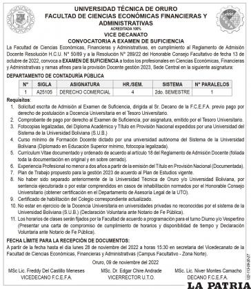 CONVOCATORIA A EXAMEN DE SUFICIENCIA - DERECHO COMERCIAL