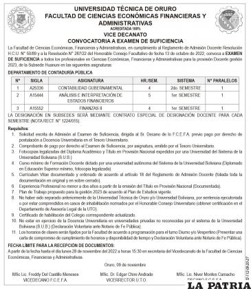 CONVOCATORIA A EXAMEN DE SUFICIENCIA - CONTABILIDAD GUBERNAMENTAL - ANÁLISIS E INTERPRETACI?N DE ESTADOS FINANCIEROS - FINANZAS II