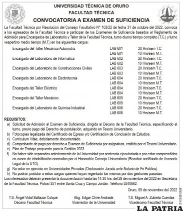 CONVOCATORIA A EXAMEN DE SUFICIENCIA - FACULTAD T?CNICA