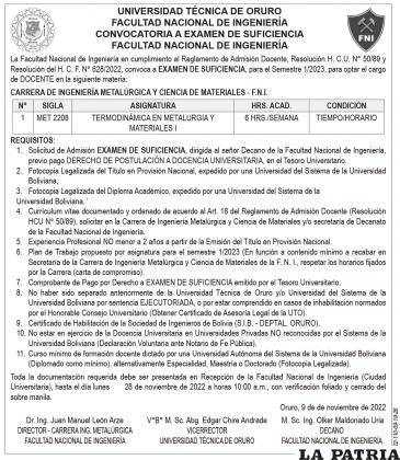 CONVOCATORIA A EXAMEN DE SUFICIENCIA - TERMODINÁMICA EN METALURGIA Y MATERIALES I