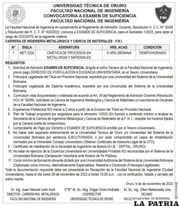 CONVOCATORIA A EXAMEN DE SUFICIENCIA - CIN?TICA DE PROCESOS EN METALURGIA Y MATERIALES
