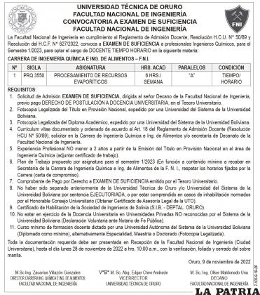 CONVOCATORIA A EXAMEN DE SUFICIENCIA - PROCESAMIENTO DE RECURSOS EVAPORÍTICOS - FACULTAD NACIONAL DE INGENIERÍA