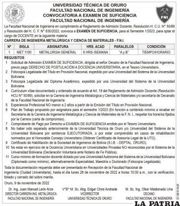 CONVOCATORIA A EXAMEN DE SUFICIENCIA - METALURGIA GENERAL