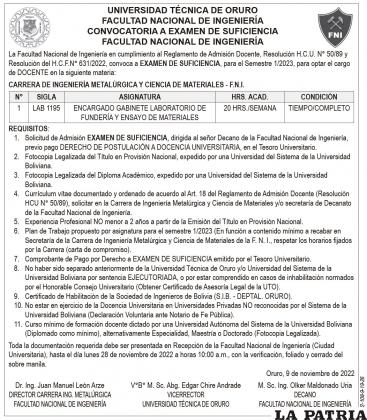 CONVOCATORIA A EXAMEN DE SUFICIENCIA - ENCARGADO GABINETE LABORATORIO DE FUNDERÍA Y ENSAYO DE MATERIALES