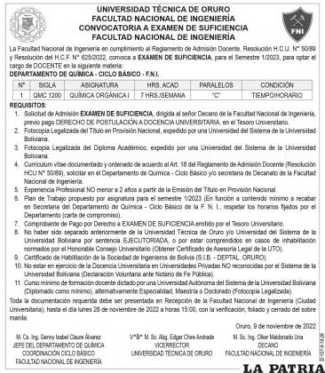 CONVOCATORIA A EXAMEN DE SUFICIENCIA - QUÍMICA ORGÁNICA I