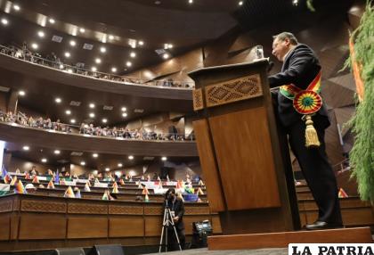 El presidente Luis Arce, durante su informe gestión / Ministerio de Hidrocarburos