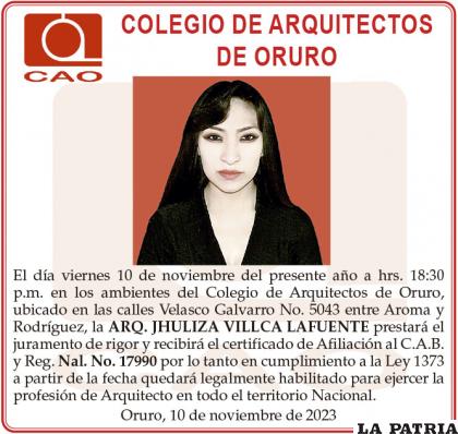 ARQ. JHULIZA VILLCA LAFUENTE