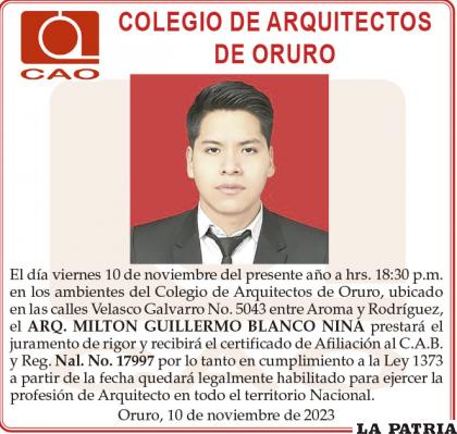 ARQ. MILTON GUILLERMO BLANCO NINA