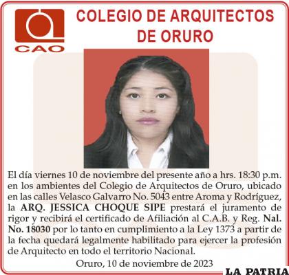 ARQ. JESSICA CHOQUE SIPE