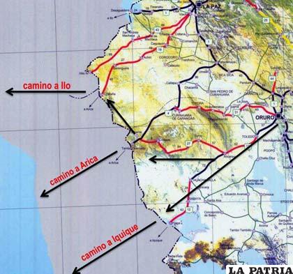 Diagrama que muestra las ventajas para llegar a puertos de Chile, antes que a Ilo