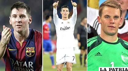 Messi (Barcelona), Cristiano Ronaldo (Real Madrid) y Manuel Neuer (Bayern de Múnich)