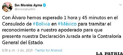 La publicación de Evo Morales en Twitter /Captura de Pantalla
