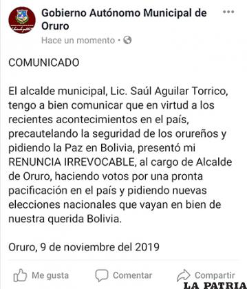  Captura de la publicación en la que Saúl Aguilar renunciaba al cargo
