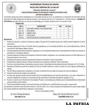 CONVOCATORIA EXAMEN DE SUFICIENCIA CARRERA DE ODONTOLOGÍA 2021 (PRIMER AÑO)