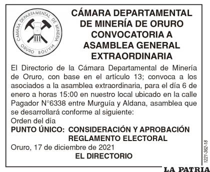 CÁMARA DEPARTAMENTAL DE MINERÍA DE ORURO - CONVOCATORIA A ASAMBLEA GENERAL EXTRAORDINARIA