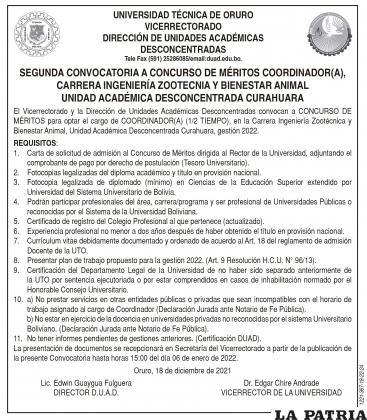 SEGUNDA CONVOCATORIA A CONCURSO DE MÉRITOS COORDINADOR(A), CARRERA INGENIERÍA ZOOTECNIA Y BIENESTAR ANIMAL UNIDAD ACADÉMICA DESCONCENTRADA CURAHUARA