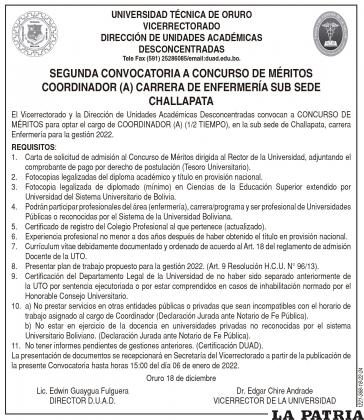SEGUNDA CONVOCATORIA A CONCURSO DE MÉRITOS COORDINADOR (A) CARRERA DE ENFERMERÍA SUB SEDE CHALLAPATA