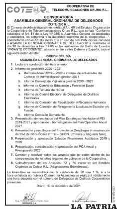 COTEOR R.L. - CONVOCATORIA ASAMBLEA GENERAL ORDINARIA DE DELEGADOS
