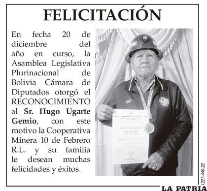 FELICITACIÓN - Sr. Hugo Ugarte Gemio
