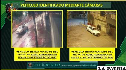 El vehículo Toyota Sprinter captado por cámaras de seguridad en cercanías a los lugares robados/ Felcc